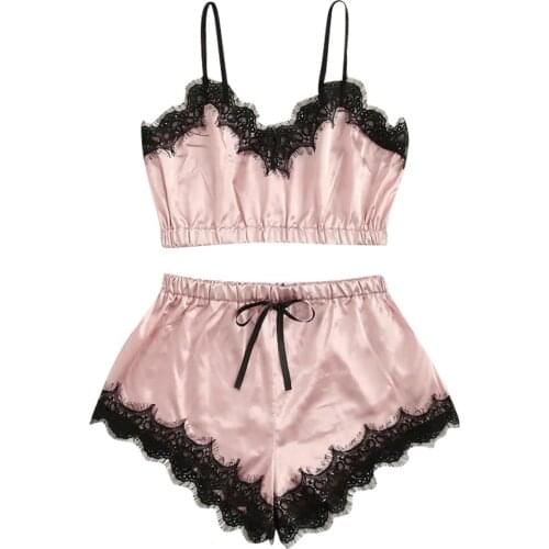 Strap Pajama Nightwear Women Sleepwear Comfort Soft Sleeveless Bow Lace Trim Satin Cami Top Silky Female Pajama pizama damska