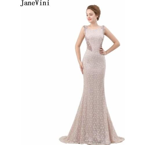JaneVini Luxury Mermaid Long Bridesmaid Dresses Sweep Train 2019 Shiny Beading Pageant Dress Scoop Neck Lace Formal Prom Gowns