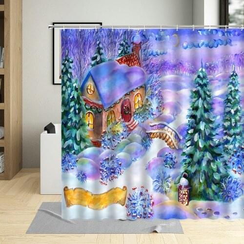 Merry Christmas Snow House Wall Decoration Bathroom Curtains New Year Retro Room Screen Shower Curtain Waterproof With Hooks