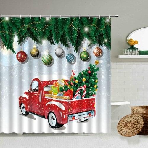 Merry Christmas Shower Curtain Red Car Christmas Tree Balls Snowflake Gift Xmas Bathroom Accessories With Hook Screen Washable