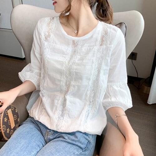 Lace shirt Women 2021 New White Lace Flower Lantern Three Quarter Sleeves Summer Chiffon Shirt Hollow top Women shirt 98B