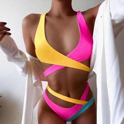 Women Swimsuit Rainbow Patchwork Bikini Set Cross-Kiss Bandage Swimwear Female Bathing Suits Beachwear Bra Padded Swimming Suit