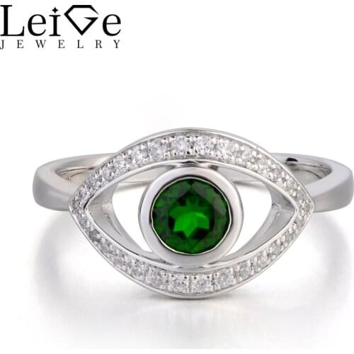 Leige Jewelry Engagement Rings Genuine Natural Diopside Ring Round Cut Green Gemstone Real Solid 925 Sterling Silver for Women