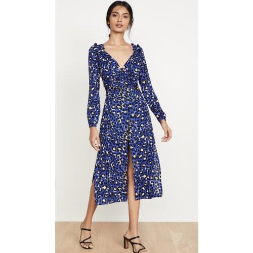 OUMEA Spring Ladies Blue Leopard Long Sleeve Front Buttons Low V Neck Sexy Party High Slit With Side Zipper Dress