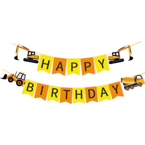 1 set Construction Party Vehicle Excavator Happy Birthday Banner Letter Flag Cake Topper Baby Shower Decor