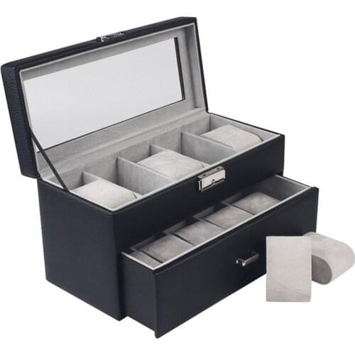 10 Slot 2-Tier PU Leather Watch Box Drawer Holder Watch Showcase with Lid