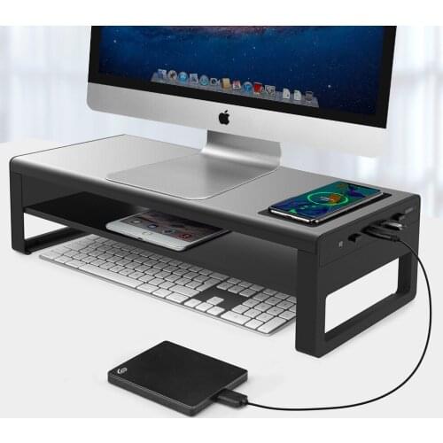 2 Tiers Monitor Stand USB 3.0 Wireless Charging Aluminum Computer Riser Universal Metal Desk Computer PC Screen Stand Organizer