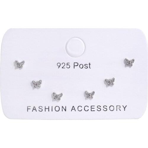 Korean Lovely Small Earrings Set 925 Sterling Silver Zircon Butterfly Stud Earrings For Women Friend Gift 6 pcs