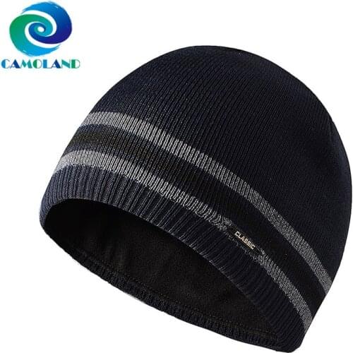 CAMOLAND Winter Plus Fleece Beanies For Men Women Fashion Striped Skullcap Warm Knitted Hat Male Sports Hedging Caps