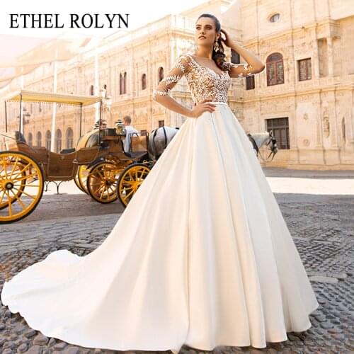 ETHEL ROLYN Illusion V-neck Princess Wedding Dress With Sleeves Soft Satin Beaded Appliques Vintage Wedding Gowns Robe De Mariee