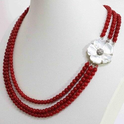 European style 3rows red articifial coral 6mm round beads natural white mother shell flower clasp newly necklace 17-18inchB1453