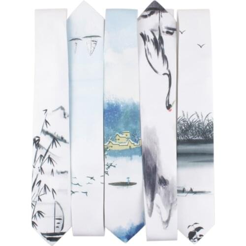 Mens Printed Tie Casual Banquet Suit Shirt Accessories Yarn-dyed Polyester Silk White Fine Novelty Landscape Painting Necktie