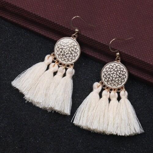 Hot-selling Explosive Fabric Earrings Carved with Rose White Tassels
