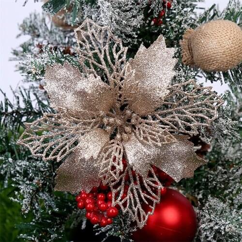 5Pcs 11cm Christmas Flowers Glitter Fake Flowers Christmas Tree Decorations Xmas Ornaments New Years Gift Flowers