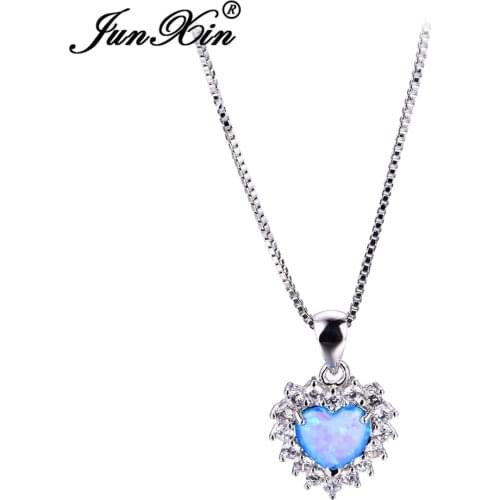 JUNXIN Blue Opal Heart Necklace Silver Color Necklaces Pendants For Women New Fashion Jewelry Best Gift