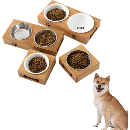 Pet Ceramic Bowl Bamboo Bowl Rack Stainless Steel Single and Double Bowl Feeding and Watering Pet Supplies for Cats Dog and Dog
