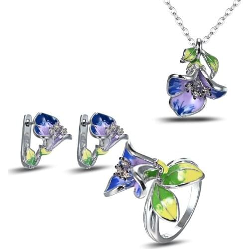 Fashion Enamel Pink Purple Cloisonne Earrings Rings Pendants Necklaces For Women Elegant Bridal Wedding Flowers Jewelry Sets