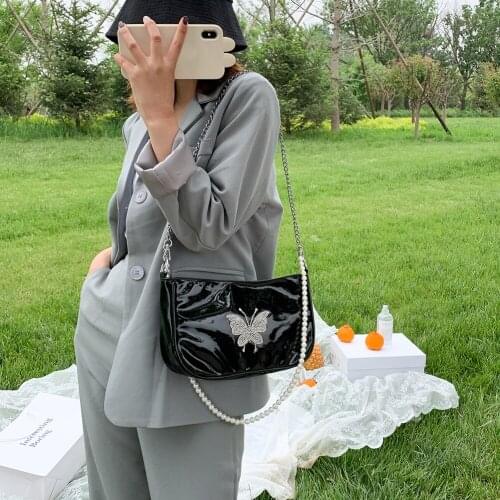 Leather Shoulder Bag Butterfly Pearl Underarm Fashion Women Rhinestone Handbag for Outdoor Shopping Traveling Decoration