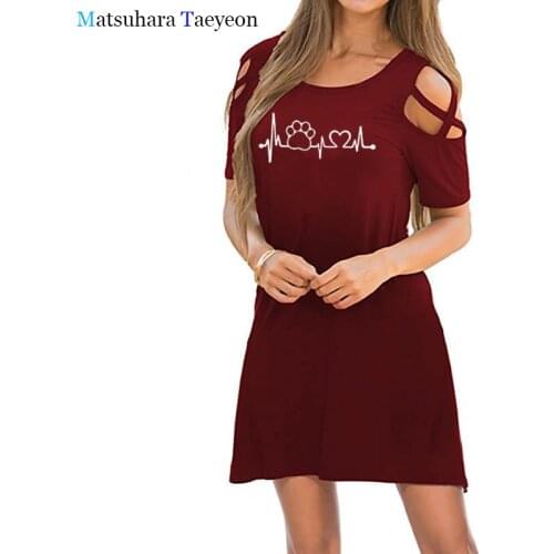 Paw Heartbeat Dog Cat Women Dresses Cotton Casual Funny T Shirt for Lady Girl Short Sleeve Top O Neck Loose Women Sexy Dress
