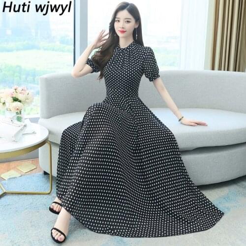 2021 Summer Black Casual Chiffon Beach Long Sundress Plus Size White Dot Elegant Dress Women Vintage Bodycon Party Maxi Vestidos