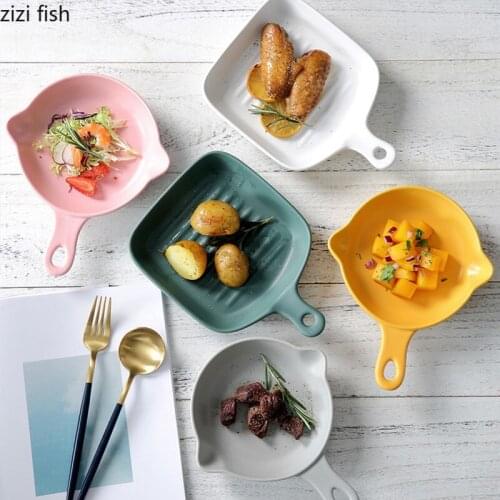 Multicolor White Square / Round Ceramic Bowl with Handle Oven Bowl Bakeware Salad Noodle Soup Bowl Breakfast Fruit Plate Cutlery