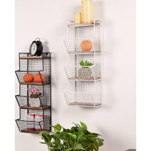 Punch-free Racks Wrought Iron Wall Storage Debris Rack Solid Wood Wall Hanging Kitchen Bathroom Rack Wall Shelf Rack Grid Design