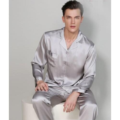 19MM Men 100% Pure Silk Pajamas set spring summer noble Sleepwear Real silk Pajamas men suit Gray bottoms long sleeve two-piece