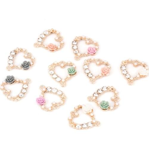 2pcs/lot 26*28mm Zinc Alloy Gold Heart With Rhinestones and Pearl Beads Charm Pendants For DIY Jewelry Findings