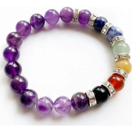 Polished Natural Amethyst Crystal Stone Quartz Healing Reiki 7 Chakra Beads Bracelet for Girl Kids Children Men Women 2018
