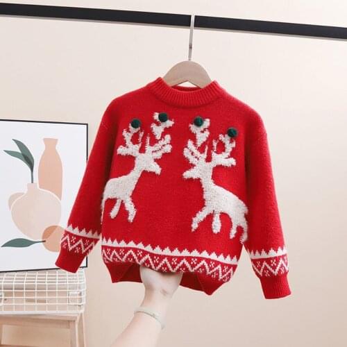 3 4 5 6 8 10 Years Boys Girls Knitted Pullover Christmas Deers Sweater 2021 New Autumn Winter Red Green Top Jackets