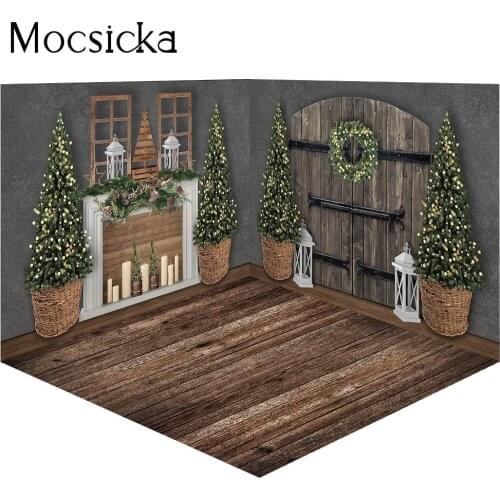 Christmas Room Baby Portrait Background Photo Studio Xmas Trees Candle Retro Door Backdrop Fireplace Winter Birthday Photography