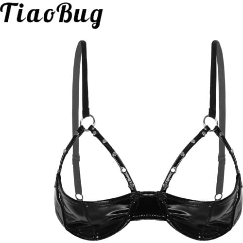 Sexy Ladies Lingerie Cupless Bra Black Shiny Patent Leather Brassiere with Rivet Strap and Underwire Erotic Hot Bra for Women