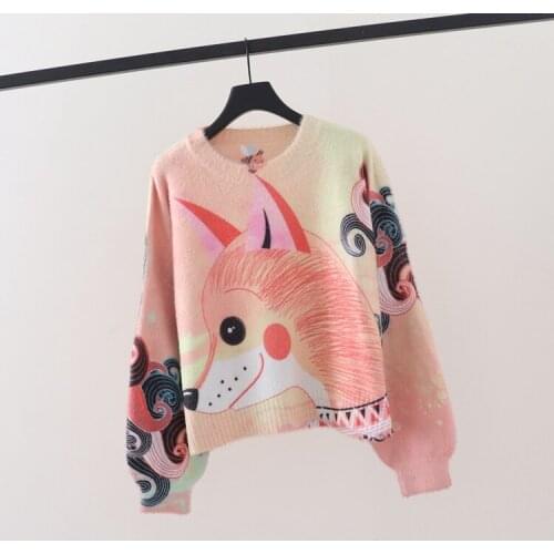 Japanese Kawaii Fox Colorful O-Neck Sweater Autumn and Winter New Style Korean Loose Lazy Pullover Sweater Womens Top