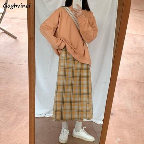 Plaid Women Skirts Mid-calf Streetwear Korean Style Spring New Students All-match Black-slit Chic A-line High Waist Harajuku Ins
