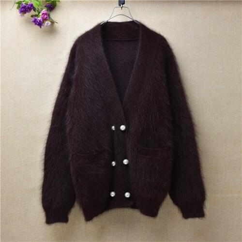 Female women autumn winter rose pull mink cashmere knitwear long sleeves v-neck loose cardigans angora fur jacket coat sweater