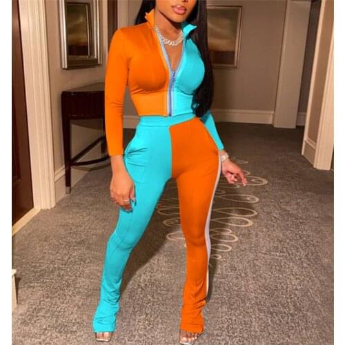 2020 New Womens Casual Tracksuit Patchwork 2 Pieces Sets Cardigan Jogging Femme Jackets Pants Zipper Sportwear Autumn Tracksuit