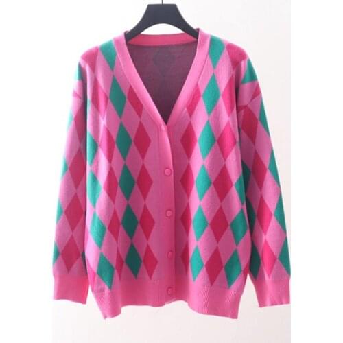 Diamond Plaid V-neck Womens Sweater Knit Single-Breasted Button Loose Vintage Cardigan Female Zip-up Oversize Casual Autumn Top