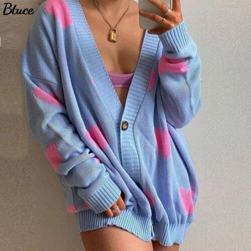 Womens Loose Oversized Casual Knitted Sweater Floral Printed Button-down Cardigans Long Sleeve V-neck Outerwear Autumn 2021