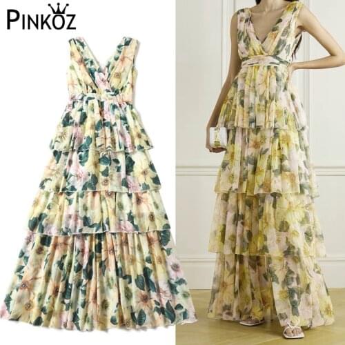 Pinkoz Vintage New Fashion Runway Summer Long Party Dress Women V-neck Floral print Bohemia Ladies Vacation Chiffon Maxi Dresses