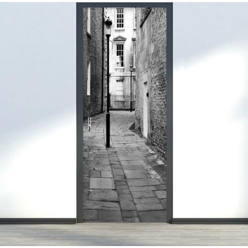 Black And White Street Retro Door Sticker 3D Creative DIY Wallpaper Living Room PVC Self-Adhesive Home Door Decals Wall Stickers