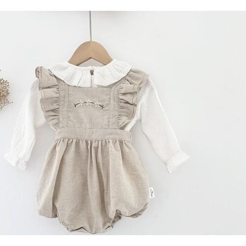 Lilac Floral Embroidery Baby Girl Strap Romper Cheap Summer Clothes Set Cute Double Ruffles Sleeveless Backless Jumpsuit Sunsuit