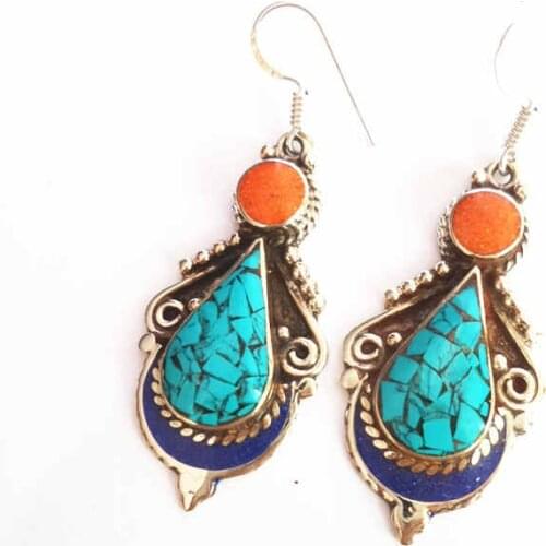 E002 Indian Vintage Hand Earring Pair Lovely for Lady Copper Inlay Colorful Stone