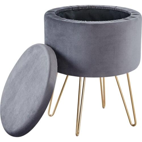 Round Velvet Footrest Stool Ottoman, Upholstered Vanity Chair Pouffe with Storage Function Seat/Tray Top Coffee Table Seat