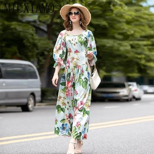 MIUXIMAO 2020 Summer Dress Newest Cute colourful Print Leaf Flower Elegant Slim Casual Long Dress Women Vestidos