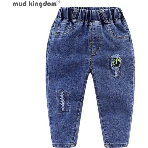 Mudkingdom Kids Pants Winter Solid Ripped Children Trousers Elastic Waist Fashion Casual Jeans for Boys Girls