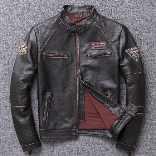 Mens Genuine Leather Jacket Cowhide Leather Clothing Slim Motorcycle Jacket Spring Autumn Coat