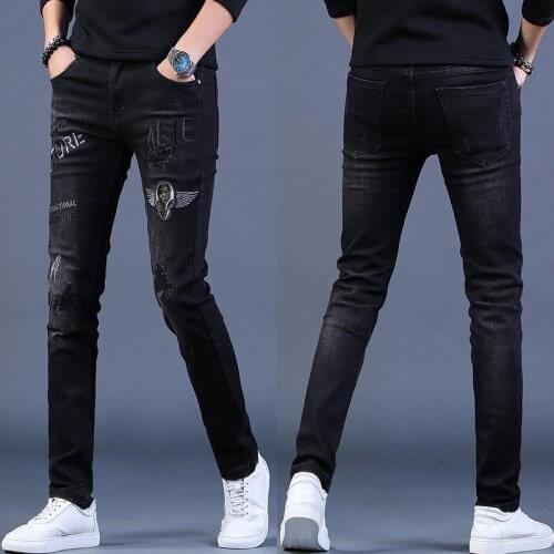Mens high quality black denim pants embroidery stretch jeans slimming scratches trendy jeans street fashion casual jeans men
