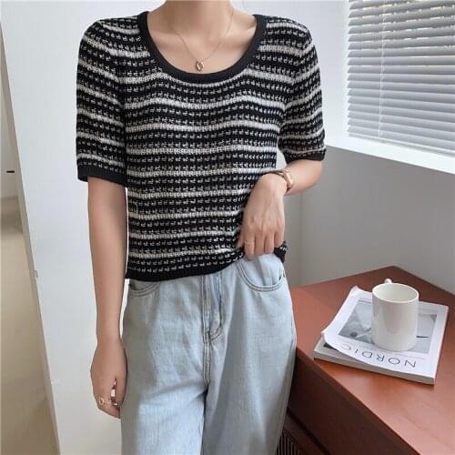 Summer New Knitted Short Sleeve Tshirts Women Clothing 2021 Fashion Casual Tee Shirt Femme Tops Striped Cotton T-Shirt Woman
