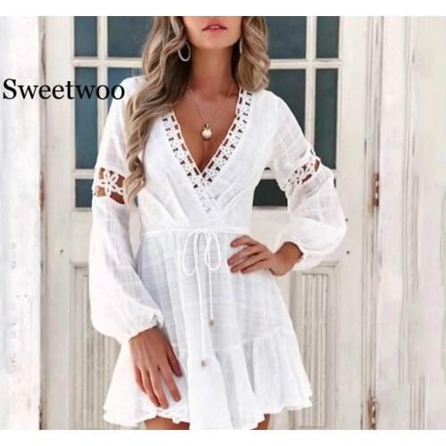 White ruffle dress V-neck Cascade Frill Dress eyelet long sleeve dress for women new autumn 2020 chic boho dress