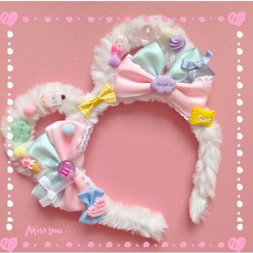 Original Hand-Made Sweet Hairband Lo Niang Bear Ear KC Hair Accessories Cream Dessert Lolita Pink Blue Bow Headdress Original Ha